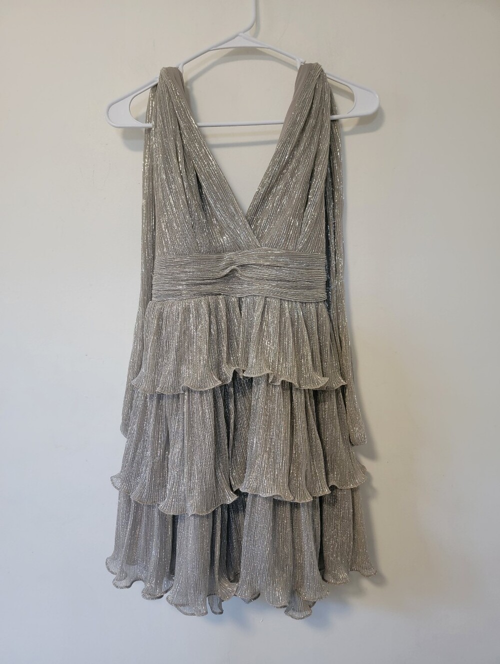 Mable Tiered Metallic Silver V-Neck Mini Dress